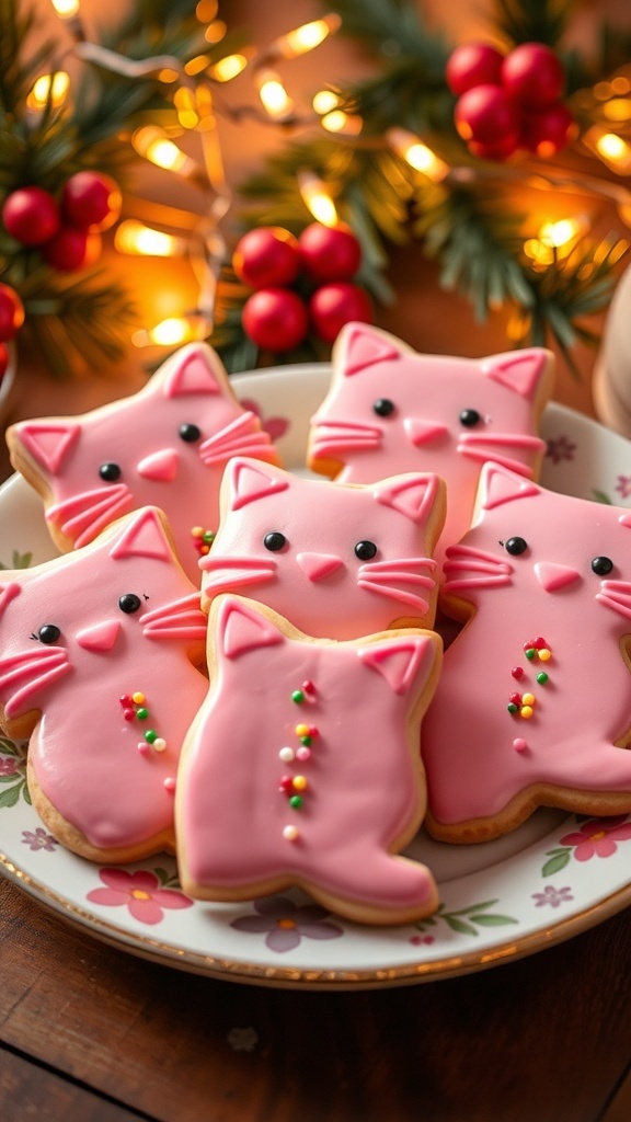 A plate of pink Christmas kitty cookies decorated with icing and sprinkles, set against a festive holiday backdrop.